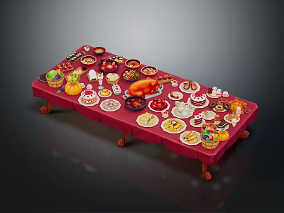 Assorted Food Spread with Roasted Turkey Cakes Fruits and Desserts on Long Red Tablecloth 3d model