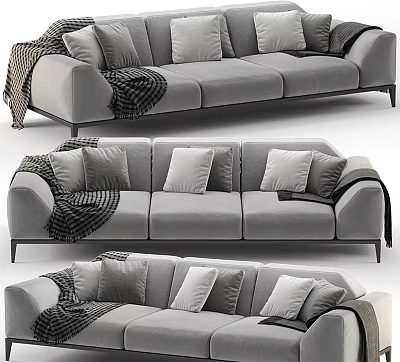 Modern Gray Three Seater Sofa With Soft Pillows And Plaid Blanket 3d model