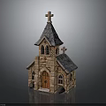 Stone Church Building With Steeple Cross Gray Tiled Roof Arched Windows And Wooden Door