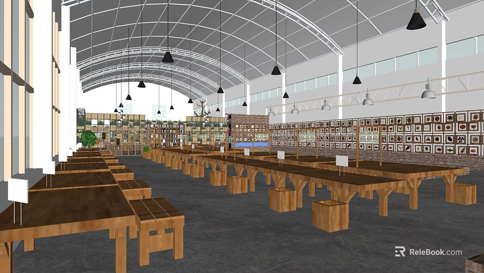 Spacious Café Interior With Arched Ceiling Hanging Pendant Lights Wooden Long Tables And Shelves 3d model 