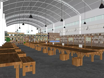 Spacious Café Interior With Arched Ceiling Hanging Pendant Lights Wooden Long Tables And Shelves 3d model