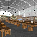 Spacious Café Interior With Arched Ceiling Hanging Pendant Lights Wooden Long Tables And Shelves