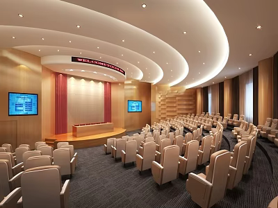 Spacious Conference Room With Curved Ceiling Rows Of Seats Lectern And Wall Screens 3d model