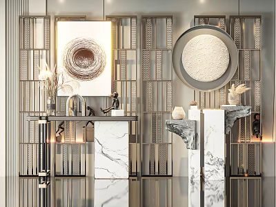 Modern Luxury Entryway Cabinet And Sideboard With Marble Top Round Wall Decor And Vase 3d model
