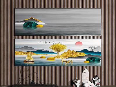Golden Landscape Painting with Sun Tree Boat Deer and Mountain Water Scene 3d model