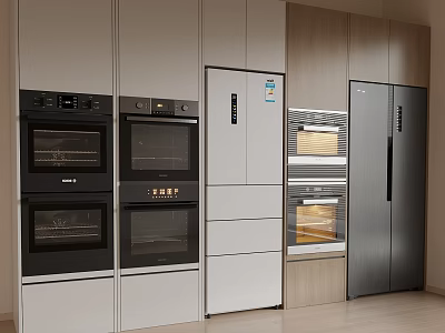 Modern Kitchen Interior With White Wood Cabinets Built In Ovens And Refrigerator 3d model
