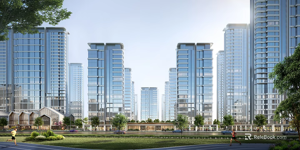 Modern High Rise Residential Buildings With Glass Curtain Walls And Green Surroundings 3d model 