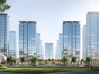 Modern High Rise Residential Buildings With Glass Curtain Walls And Green Surroundings 3d model