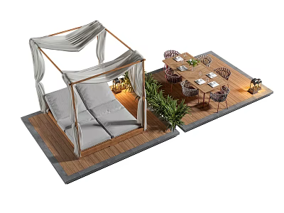 Outdoor Dining Table Setup On Wooden Deck With Chairs Canopy Curtains Green Plants And Lantern 3d model