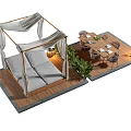 Outdoor Dining Table Setup On Wooden Deck With Chairs Canopy Curtains Green Plants And Lantern