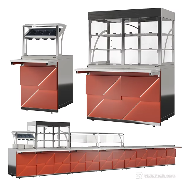 Commercial Kitchen Equipment With Glass Display Cabinet And Orange Panel Design 3d model 