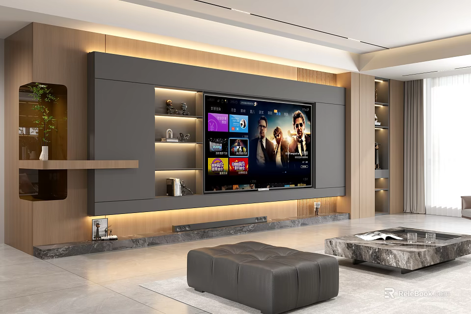 Modern Living Dining Room Interior With TV Wall Marble Coffee Table Leather Ottoman Green Plant 3d model 