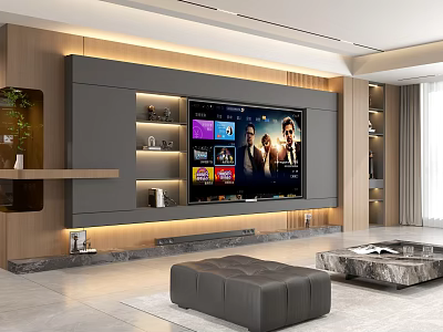 Modern Living Dining Room Interior With TV Wall Marble Coffee Table Leather Ottoman Green Plant 3d model