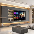 Modern Living Dining Room Interior With TV Wall Marble Coffee Table Leather Ottoman Green Plant