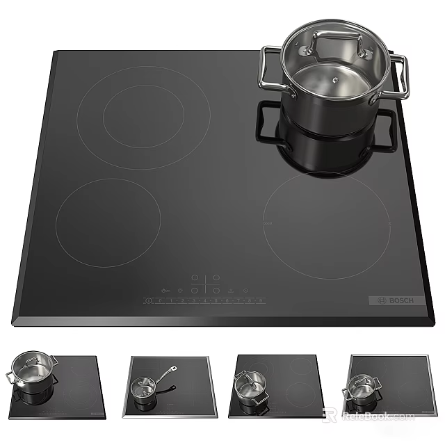 Modern Black Glass Electric Cooktop With Stainless Steel Pot Kitchen Appliance 3d model 