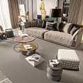 Gray Sofa With Throw Pillows And Coffee Table Set With Ottoman And Area Rug 3d model