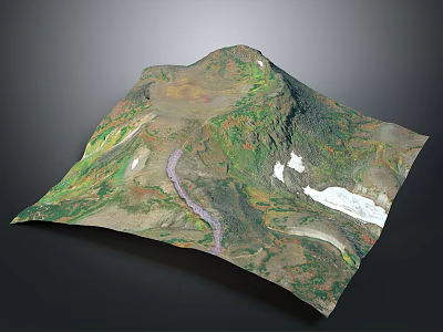 3D Terrain Model Featuring Mountainous Landscape Green Vegetation Snowy Areas And Winding Path 3d model