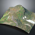 3D Terrain Model Featuring Mountainous Landscape Green Vegetation Snowy Areas And Winding Path 3d model