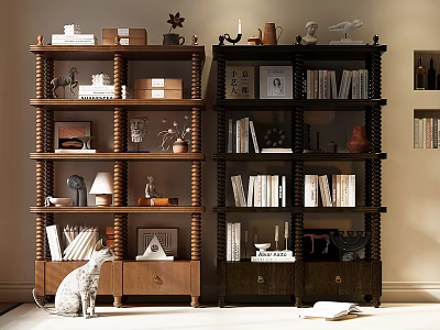 Vintage Wooden Bookcase Multilayer Design With Books Ornaments Photo Frames Lamp And Cat 3d model