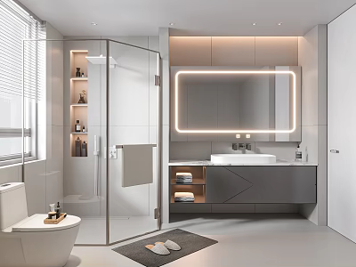 Modern Bathroom Interior Design With Glass Shower Toilet Vanity Backlit Mirror And Cabinets 3d model