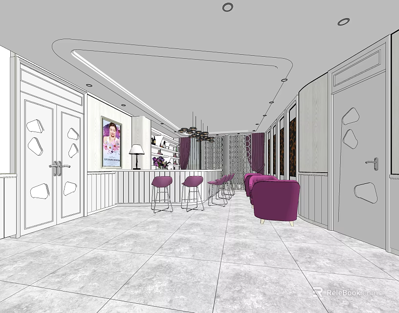 Elegant Modern Front Desk Reception Area With Purple Seats Decorative Painting And Chandelier Lighting 3d model 