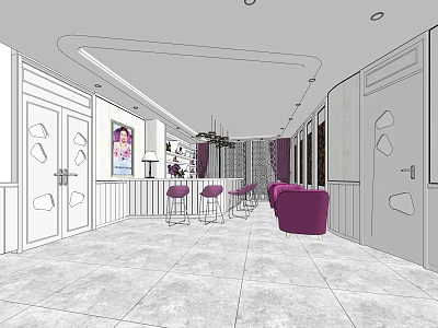 Elegant Modern Front Desk Reception Area With Purple Seats Decorative Painting And Chandelier Lighting 3d model