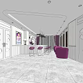 Elegant Modern Front Desk Reception Area With Purple Seats Decorative Painting And Chandelier Lighting