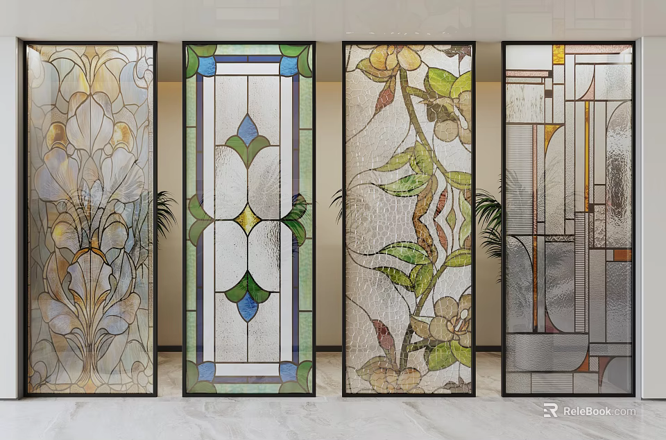 Stained Glass Partitions with Various Artistic Floral and Geometric Patterns in Interior Design 3d model 