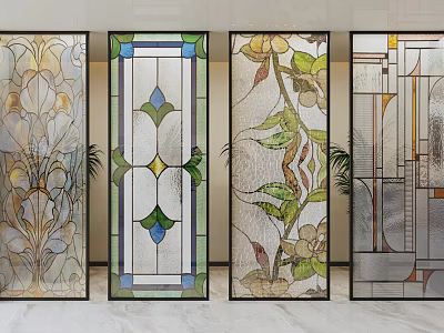 Stained Glass Partitions with Various Artistic Floral and Geometric Patterns in Interior Design 3d model
