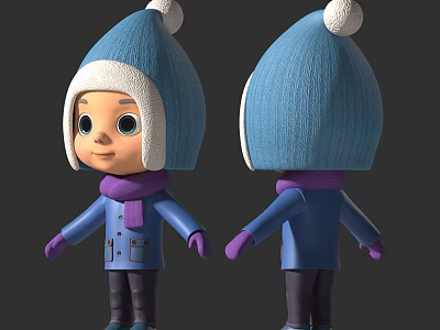 Cartoon Man Wearing Blue Hat With White Pompom Purple Scarf And Blue Coat 3d model
