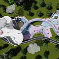 Colorful Circular Children's Play Area With Trees Slide And Kids Playing On Lawn