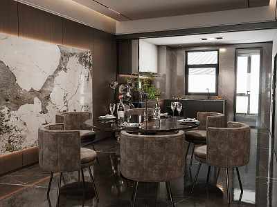 Modern Restaurant With Round Dining Table Gray Chairs Marble Accent Wall And Natural Light 3d model