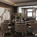 Modern Restaurant With Round Dining Table Gray Chairs Marble Accent Wall And Natural Light