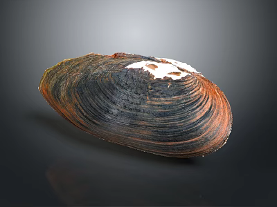 Mussel Shell With Brown Black Orange Stripes And White Spots On Dark Background 3d model