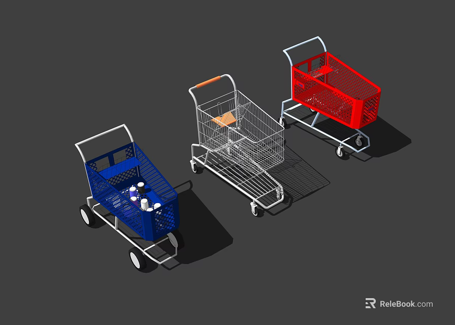 Colorful Public Facility Shopping Carts With Blue Red Silver Metal Frames And Wheels 3d model 