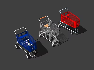 Colorful Public Facility Shopping Carts With Blue Red Silver Metal Frames And Wheels 3d model