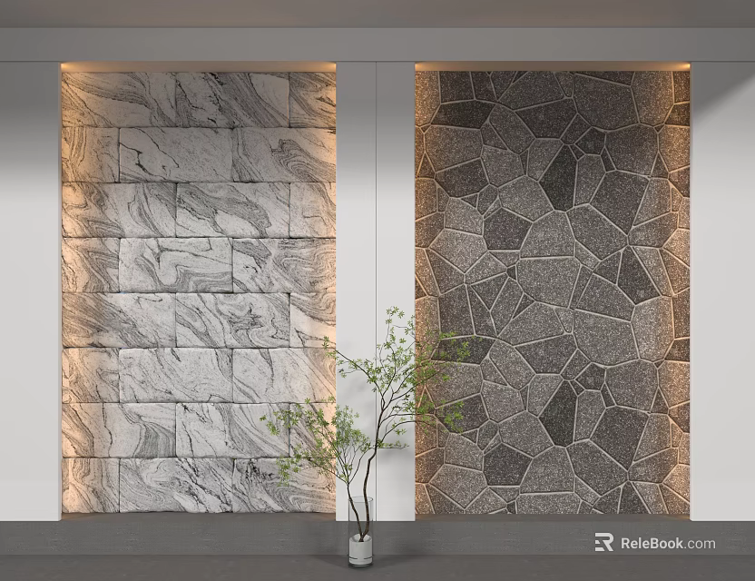 Decorative Background Wall Featuring Light Marble Texture And Dark Irregular Mosaic Pattern With Green Plant 3d model 