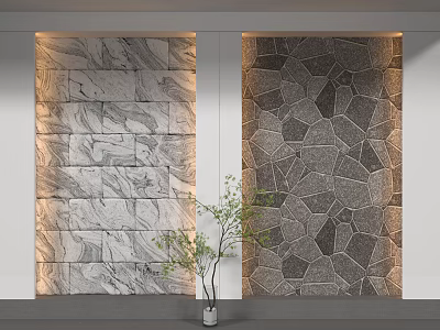 Decorative Background Wall Featuring Light Marble Texture And Dark Irregular Mosaic Pattern With Green Plant 3d model