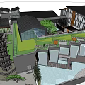 Traditional Modern Homestay Building Featuring Black Roof Open Courtyard Green Plants And Pagoda