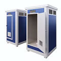 Two Portable Toilet Units With Closed And Open Doors Showing Interior
