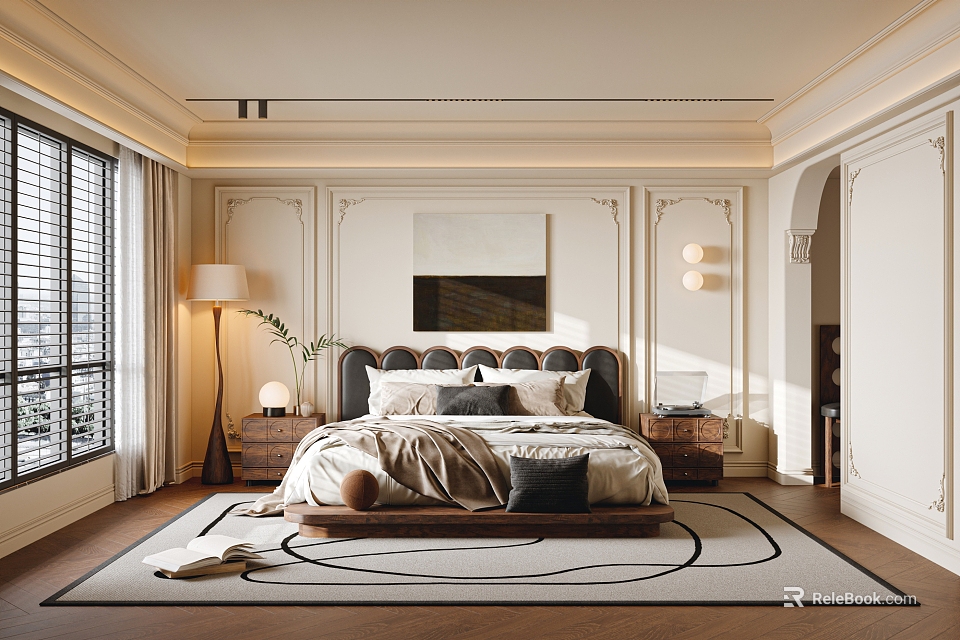 Elegant Modern Bedroom Interior With Large Bed Headboard Art Table Lamps Blinds And Area Rug 3d model 