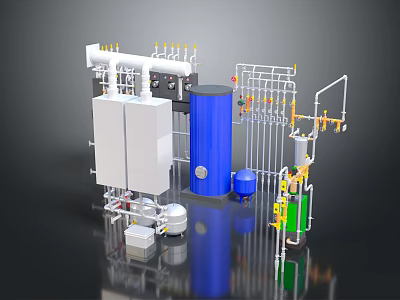 Industrial Equipment Setup With Pipes Valves Blue Tank And Mechanical Components 3d model