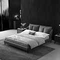 Modern Green Leather Double Bed With Gray Bedding Orange White Pillows Nightstands Lamps Window Trees