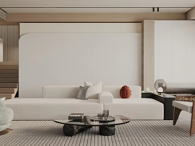 Modern Living Room Interior With White Sofa Decorative Pillows Glass Coffee Table And Textured Rug 3d model