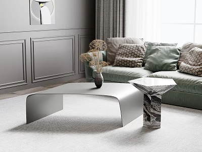 Modern Coffee Table With Green Sofa Pillows And Marble Side Table Decorative Items 3d model