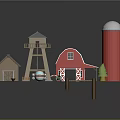 3D Farm Model Featuring Red Barn Water Tower Cottage Boat Trees And Fence