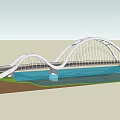 Modern Landscape Bridge Design With Curved Structure Over Water And Road With Green Grass