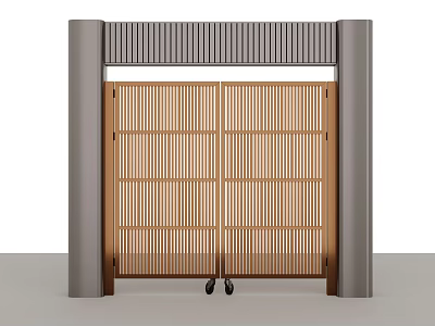 Wooden Slatted Sliding Gate Design With Gray Columns And Modern Structure 3d model