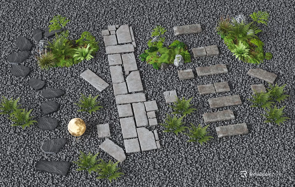 Natural Garden Path With Pebbles Stone Slabs And Green Plants 3d model 