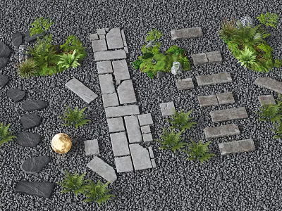 Natural Garden Path With Pebbles Stone Slabs And Green Plants 3d model